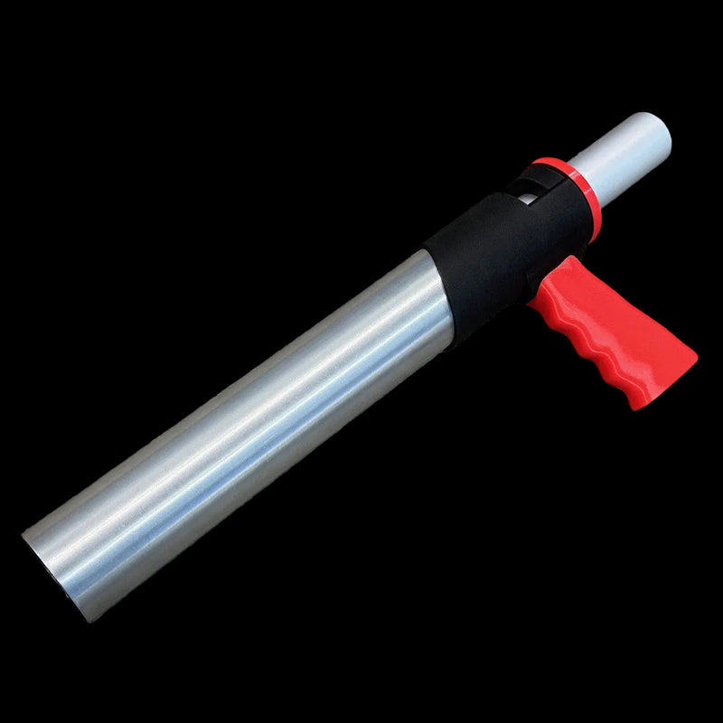 Metal torch with a red handle on a white background