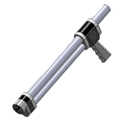 Metallic tool or device with a cylindrical shaft and attached component on a light gray background