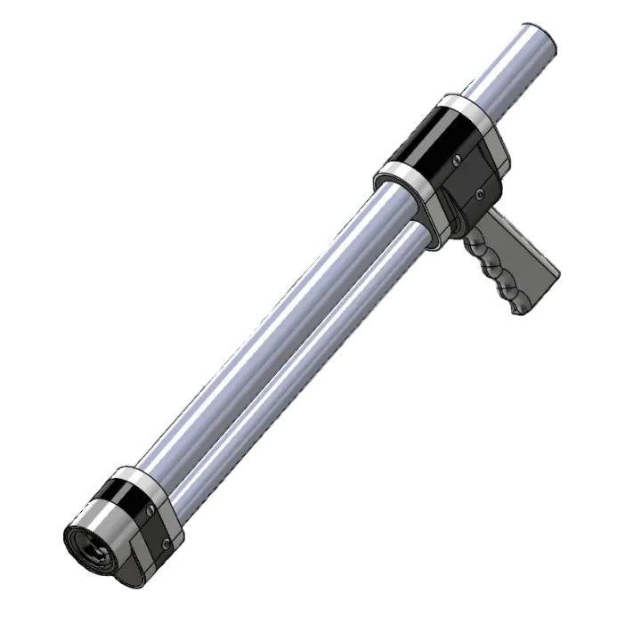 Metallic tool or device with a cylindrical shaft and attached component on a light gray background