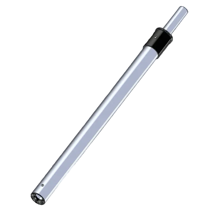 Long cylindrical object with metallic finish on a white background