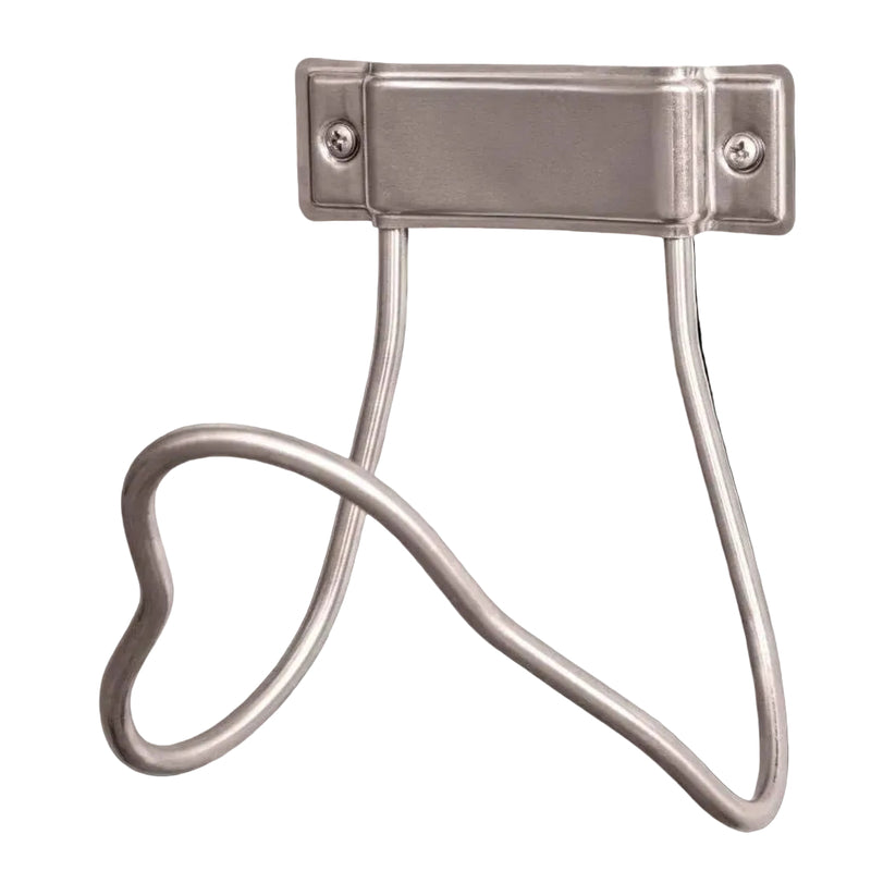 A stainless steel loop style hose rack mounted on a wall.