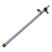 Long cylindrical metal rod with a clamp on a white background
