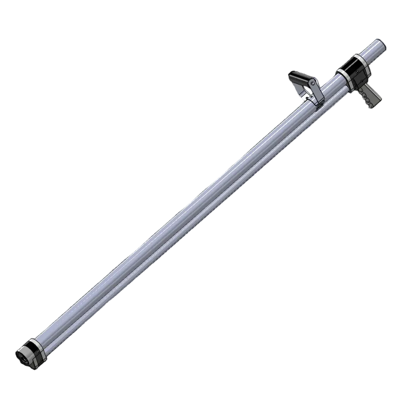 Long cylindrical metal rod with a clamp on a white background