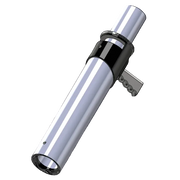 Metallic cylindrical object with a handle on a light gray background