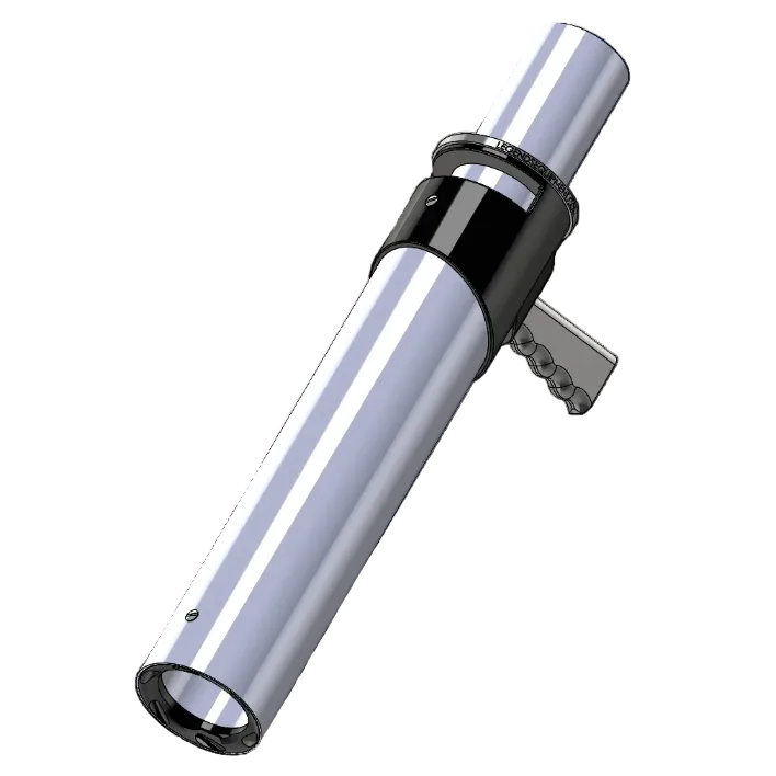 Metallic cylindrical object with a handle on a light gray background
