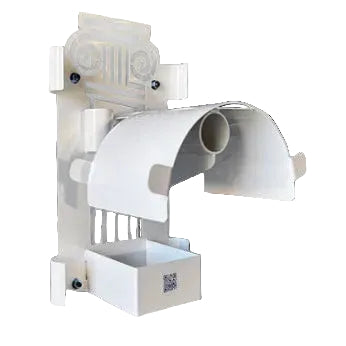 A white powder-coated carbon steel hose rack with multiple storage compartments, designed for holding vacuum hoses and accessories.