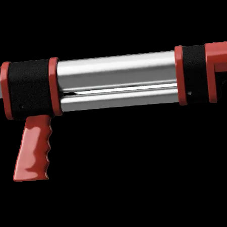 Handheld tool with a red handle and black grip on a white background