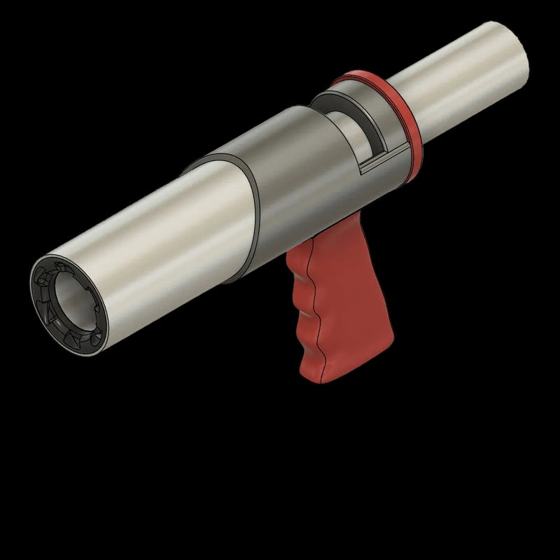 Metallic cylindrical tool with a red handle on a white background